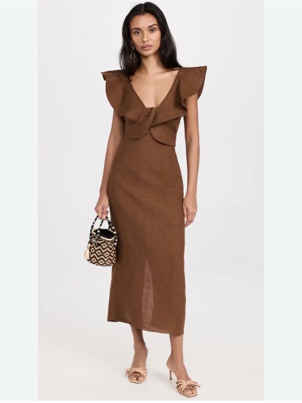 Johanna Ortiz Kilimanjaro Midi Dress Size 6 100% Linen Ruffle Brown